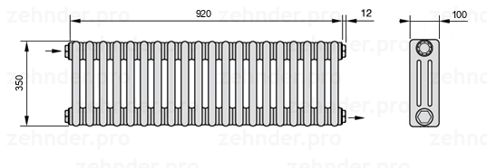 Схема (чертеж) Радиатор Zehnder Charleston 3035/20 №1670 Белый глянцевый RAL 9016